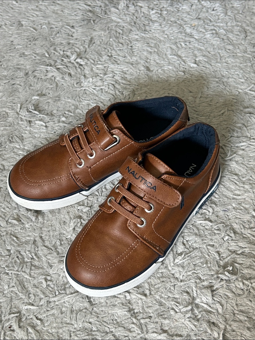 Nautica Boys Tan Brown Leather Hook-and-Loop Boat Shoes